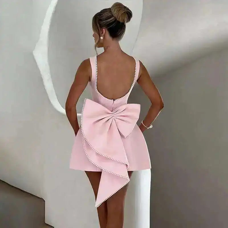 Townlike Bow Pearl Backless Women Mini  Dress Elegant