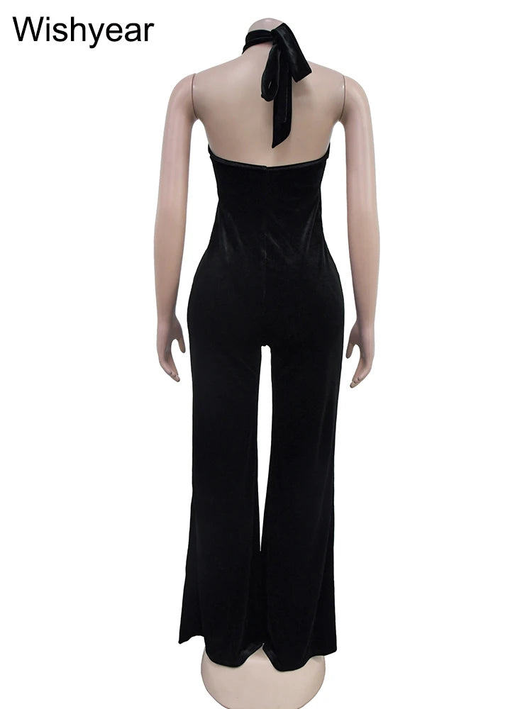 Wishyear Velvet Sexy Halter Deep V Backless Wide Legs Jumpsuit