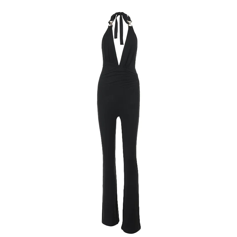 Solid color slim-fit women's deep V jumpsuit