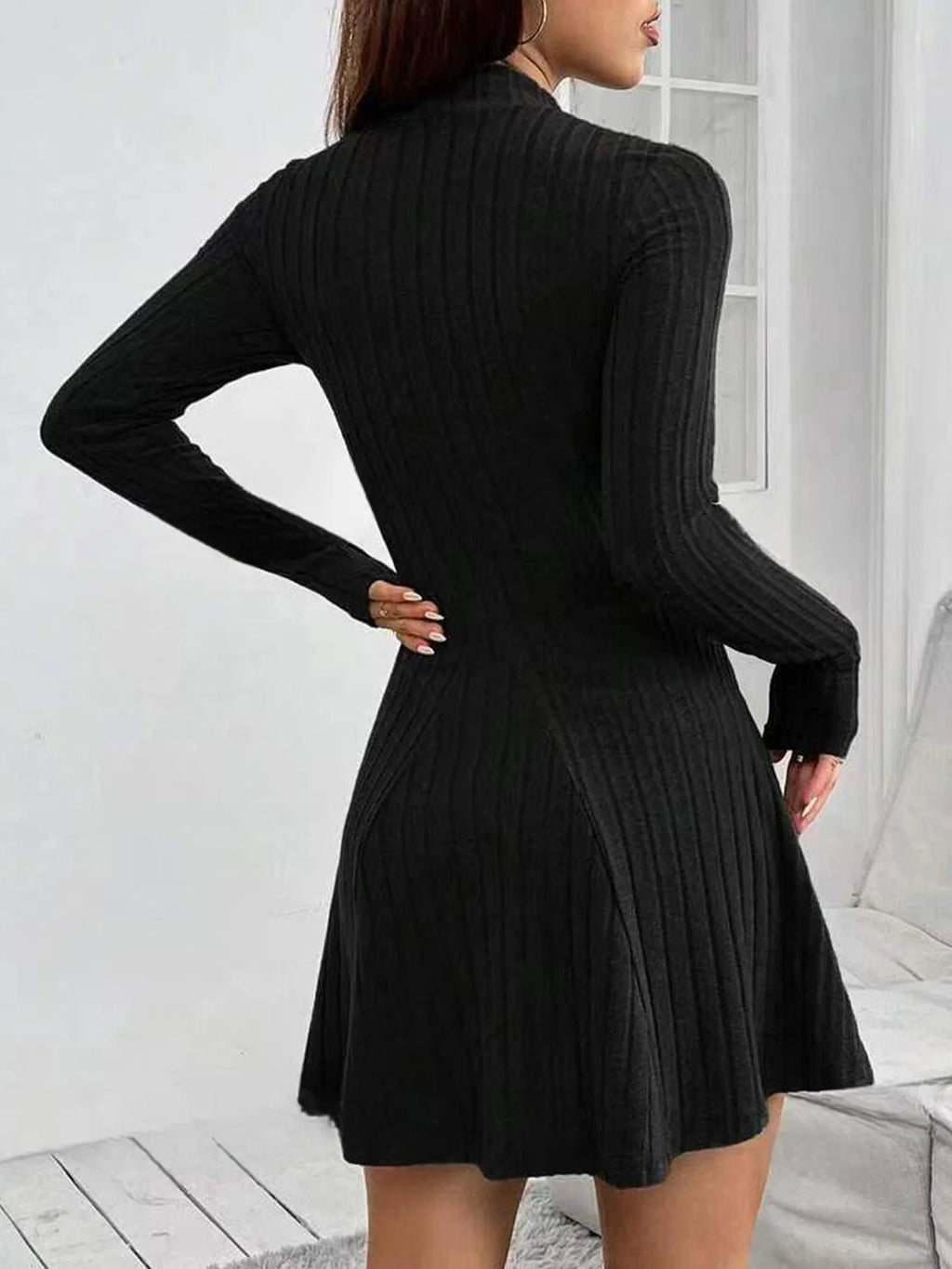 Women's slim fit half high collar waist cinched A-line skirt long