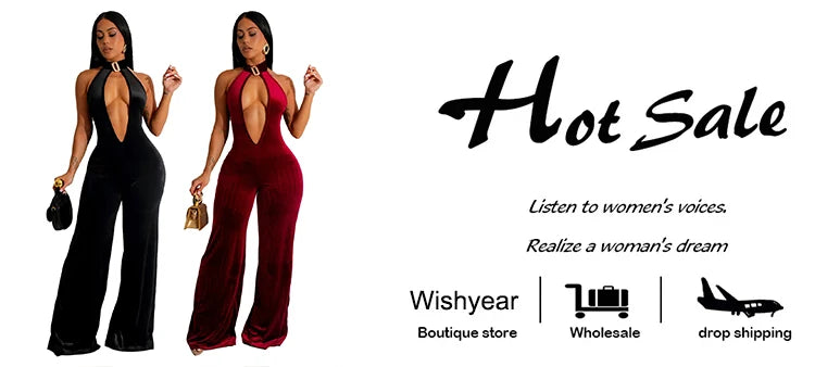 Wishyear Velvet Sexy Halter Deep V Backless Wide Legs Jumpsuit