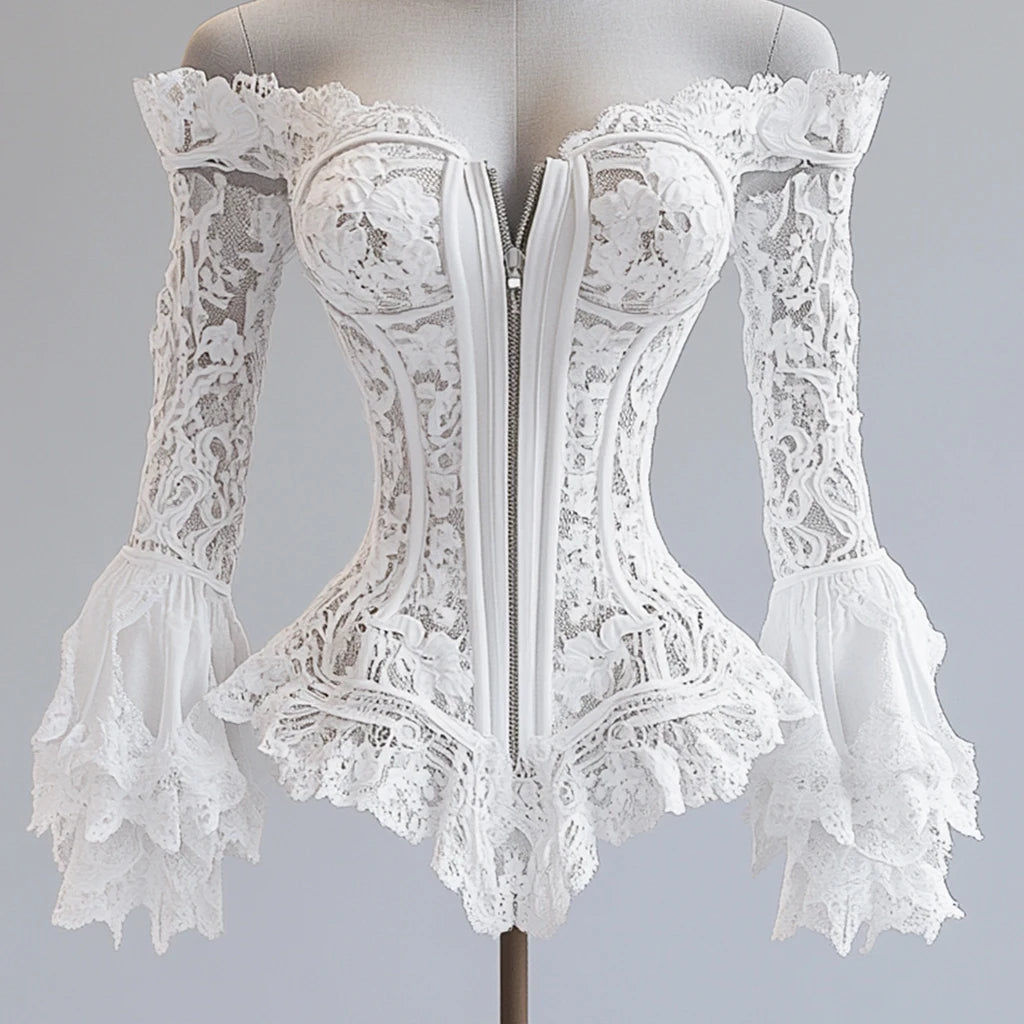 Off Shoulder Lace Blouse for Women Flare Sleeve Zip-up Vintage Elegant Chic Sexy Hollow Out Long Sleeve Tops Irregular Hem Top