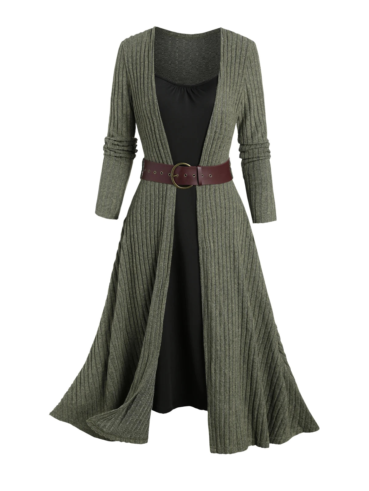 Rib Contrast Long Sleeve O Ring Belt Midi Dress