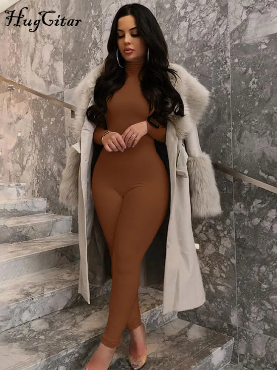 Hugcitar Long Sleeve Solid Turtleneck Skinny Bodycon Jumpsuit Autumn Winter Women Fashion Streetwear Casual Romper