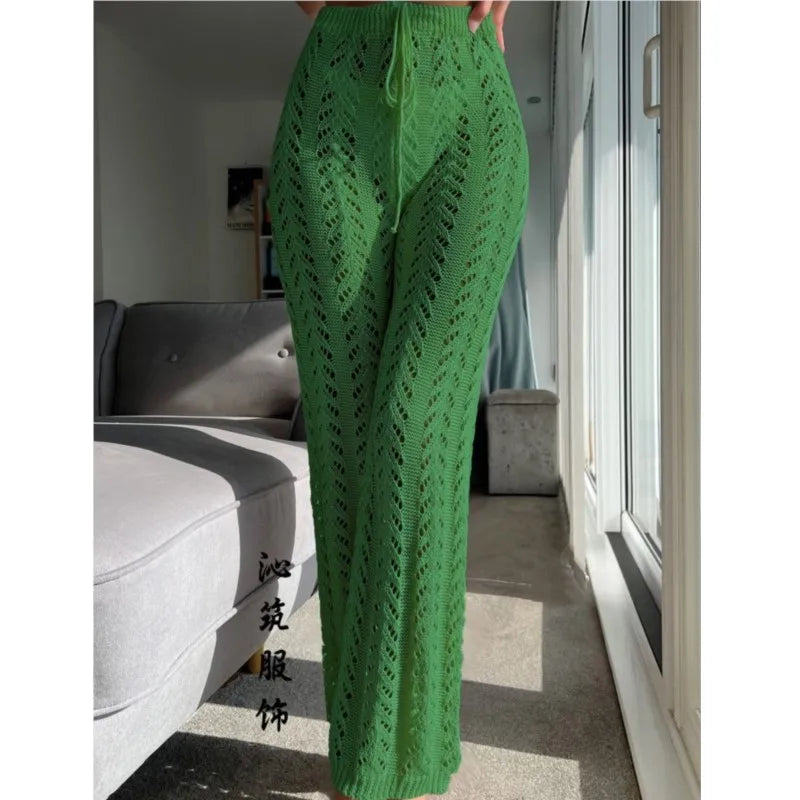Women's Woven Hollow Lace-up Pants Crochet Net Hollow Out Beach Trousers Sexy Swimsuit Cover Up Beach Straight Leisure Trousers