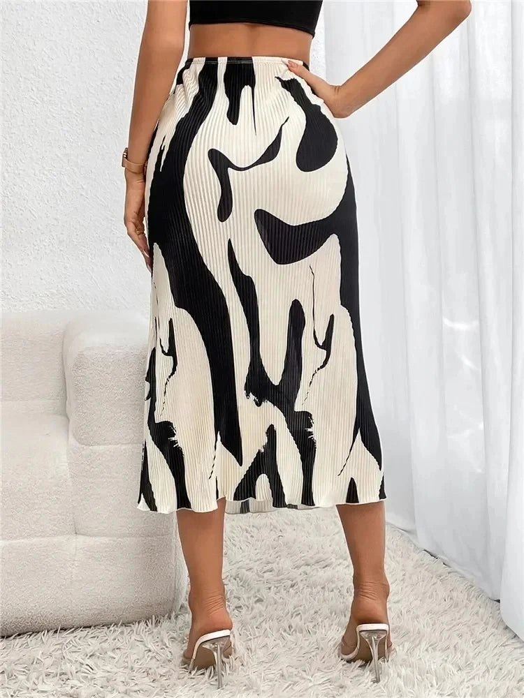 Dressy Casual Graphic Print Pleated Long Skirts Women Autumn Fashion