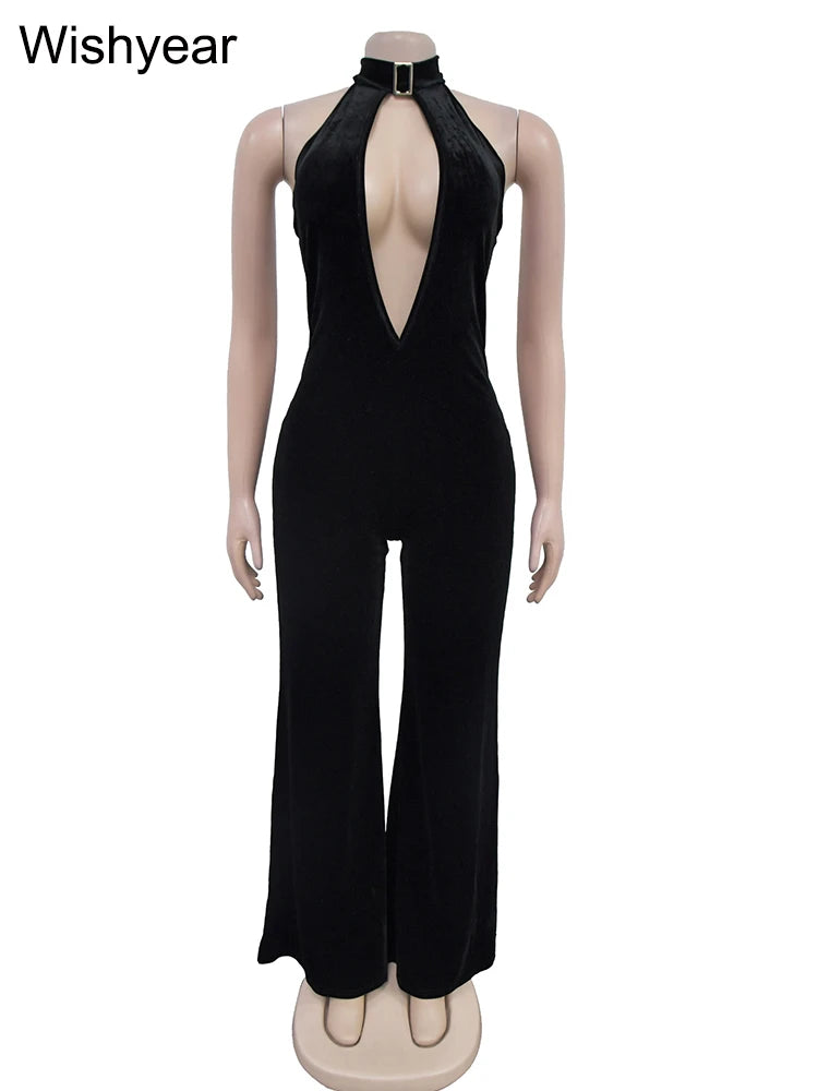 Wishyear Velvet Sexy Halter Deep V Backless Wide Legs Jumpsuit