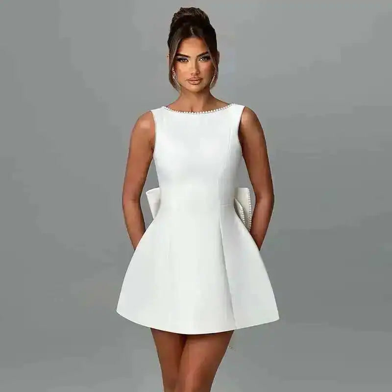 Townlike Bow Pearl Backless Women Mini  Dress Elegant
