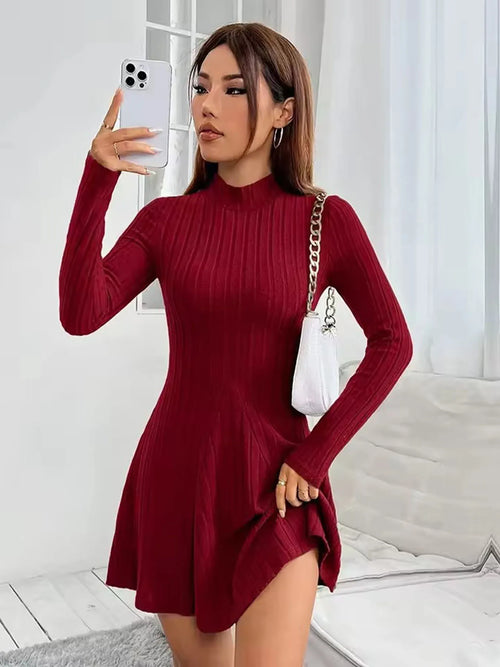 Women's slim fit half high collar waist cinched A-line skirt long