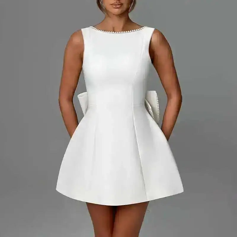 Townlike Bow Pearl Backless Women Mini  Dress Elegant