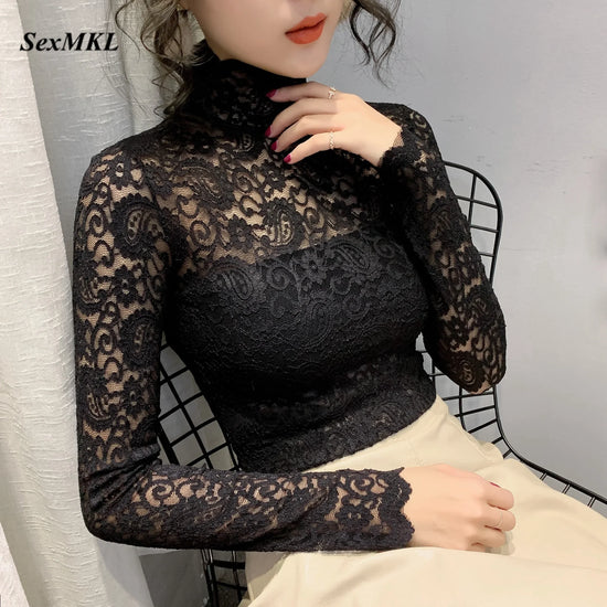 Elegant Women Lace Blouse 2026 Sexy See Through Ladies Tops Long Sleeve Clothes Summer Vintage White Shirt Streetwear Blouses