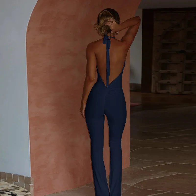 Solid color slim-fit women's deep V jumpsuit