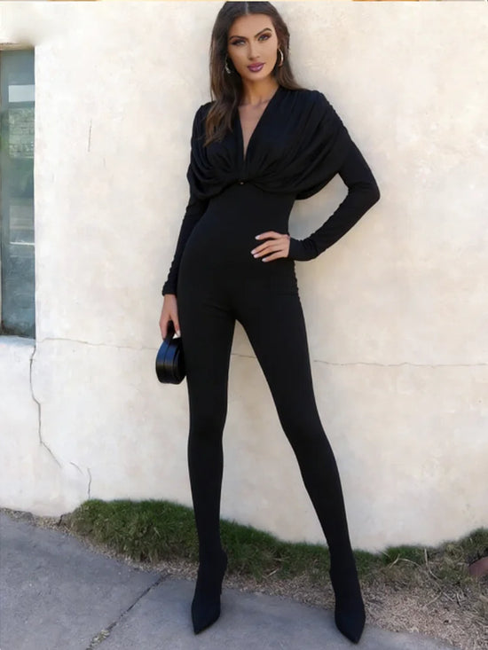 Nibber Low-Neck Casual Jumpsuit Woman Office Style Street Fashion Folds Full Sleeve High Waist Skinny Peach Hip Classic Overalls
