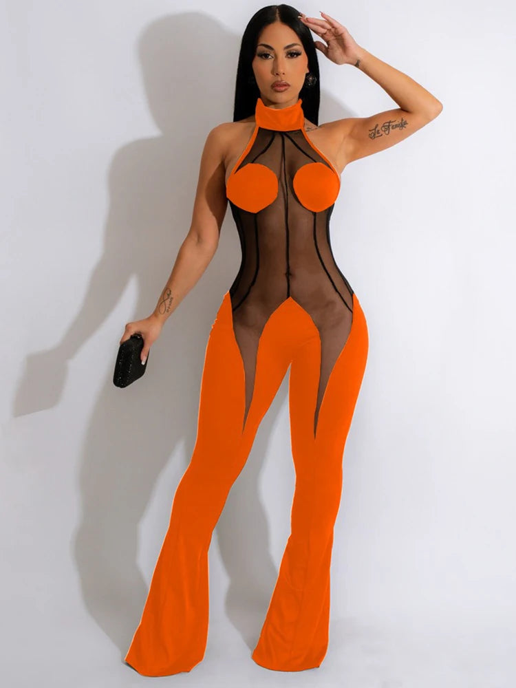 Full Jumpsuits for Women Summer Halter Neck Jumpsuit Backless Sexy Lace Transparent Jumpsuit Flrae Pant Wholesale Dropshipping