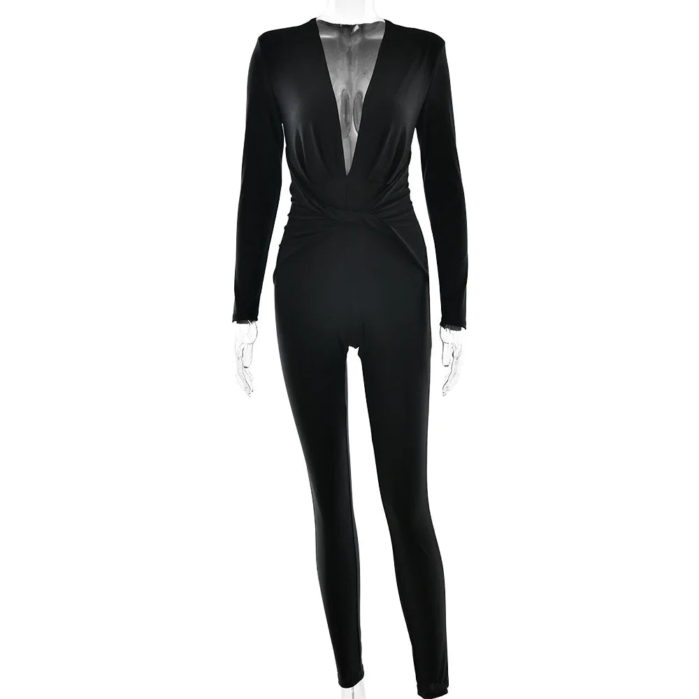 2025 Spring Deep V Neck Long Sleeve Skinny Jumpsuits Women Rompers Elegant Black High Waist Ruched Slim Sexy Jumpsuit Outfits