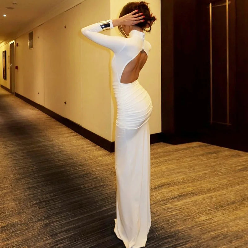 Cryptographic Elegant Sexy Backless Ruched Maxi Dress Party Club Outfits Fall Winter Solid Slinky Long Dresses Gown Clothes