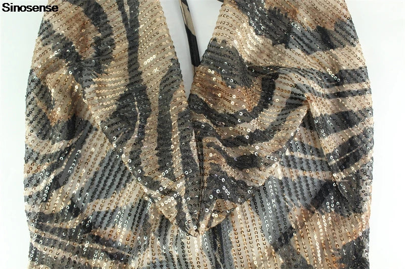 Women Elegant Evening Wedding Cocltail Maxi Dress Sexy Deep V Neck Leopard Print Slim Bodycon Night Club Party Sequin Dress