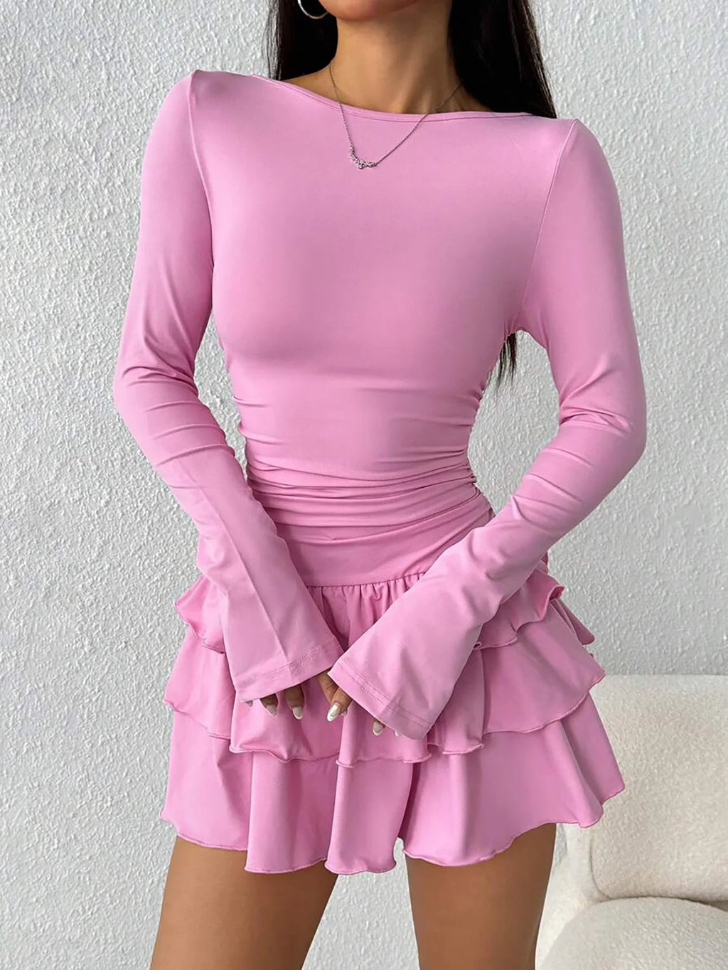 Solid Slim Fit Cascading Ruffles Mini Dress with Flare Sleeve High Waist and Bodyconture