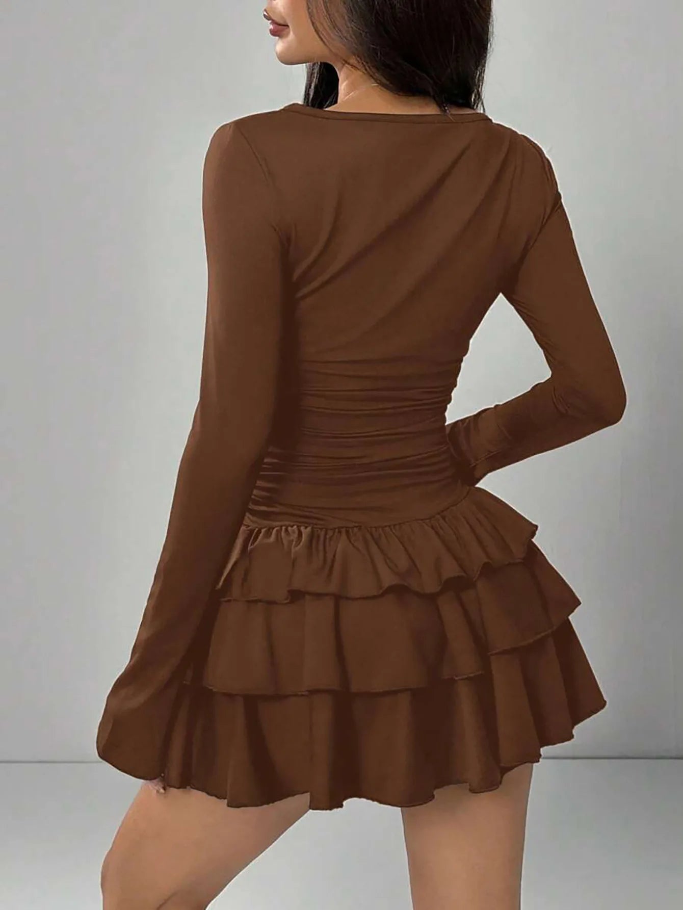 Solid Slim Fit Cascading Ruffles Mini Dress with Flare Sleeve High Waist and Bodyconture