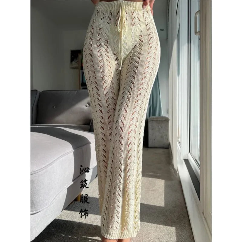 Women's Woven Hollow Lace-up Pants Crochet Net Hollow Out Beach Trousers Sexy Swimsuit Cover Up Beach Straight Leisure Trousers