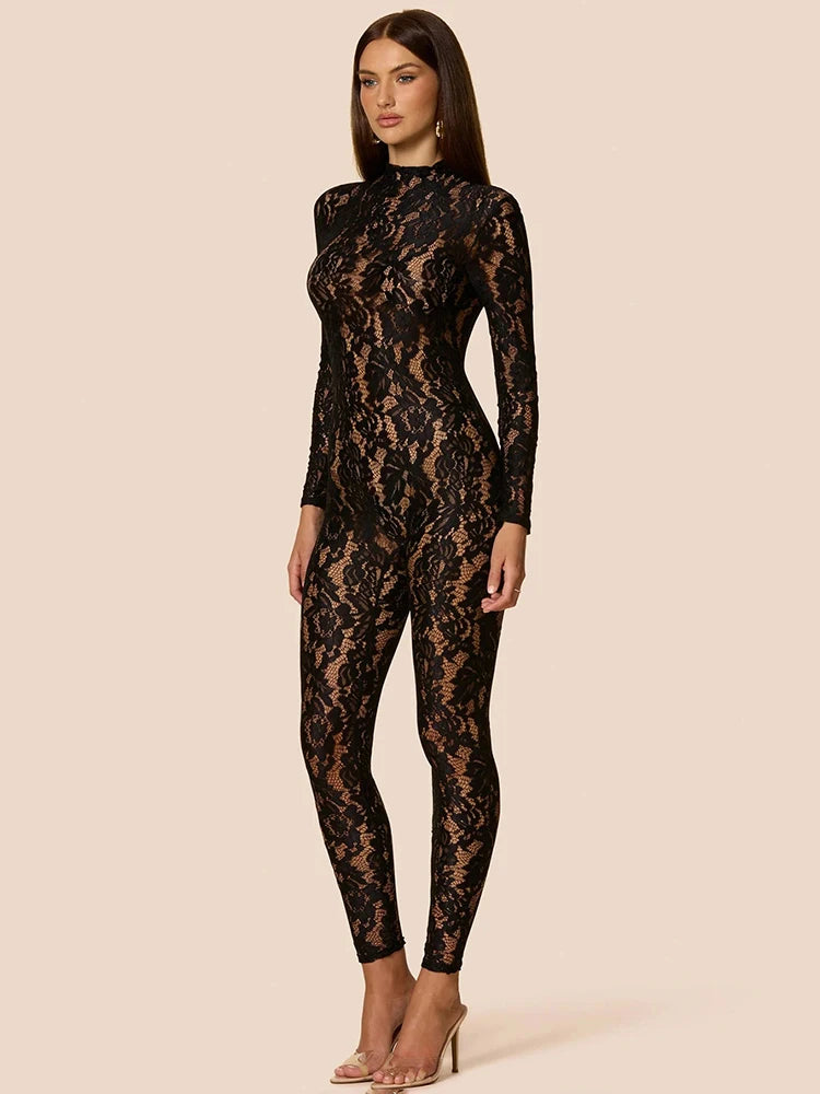 Woman clothes lace Long jumpsuit 2025 full length monkey fashion see through Tight elegant enteritos zipper long sleeve bodysuit