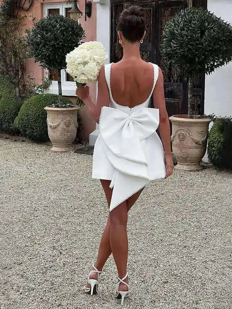 Townlike Bow Pearl Backless Women Mini  Dress Elegant