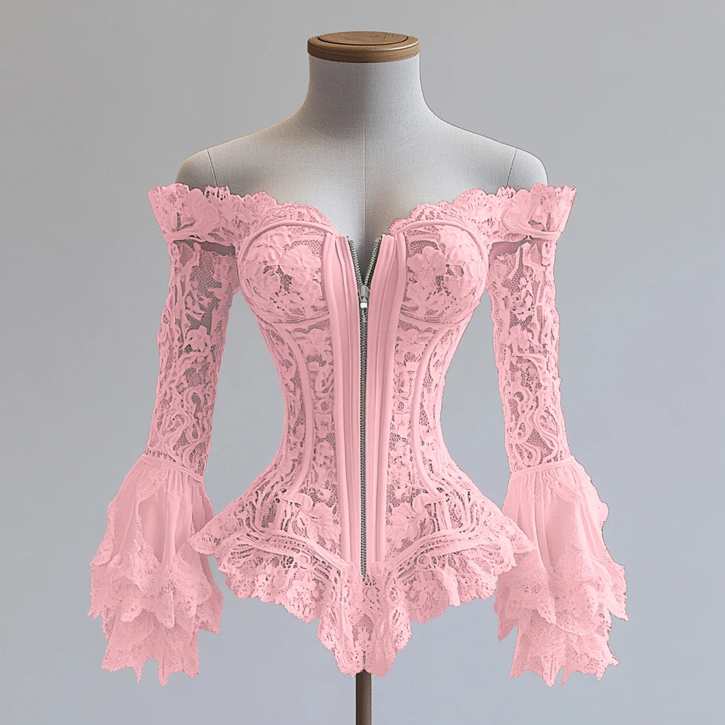 Off Shoulder Lace Blouse for Women Flare Sleeve Zip-up Vintage Elegant Chic Sexy Hollow Out Long Sleeve Tops Irregular Hem Top