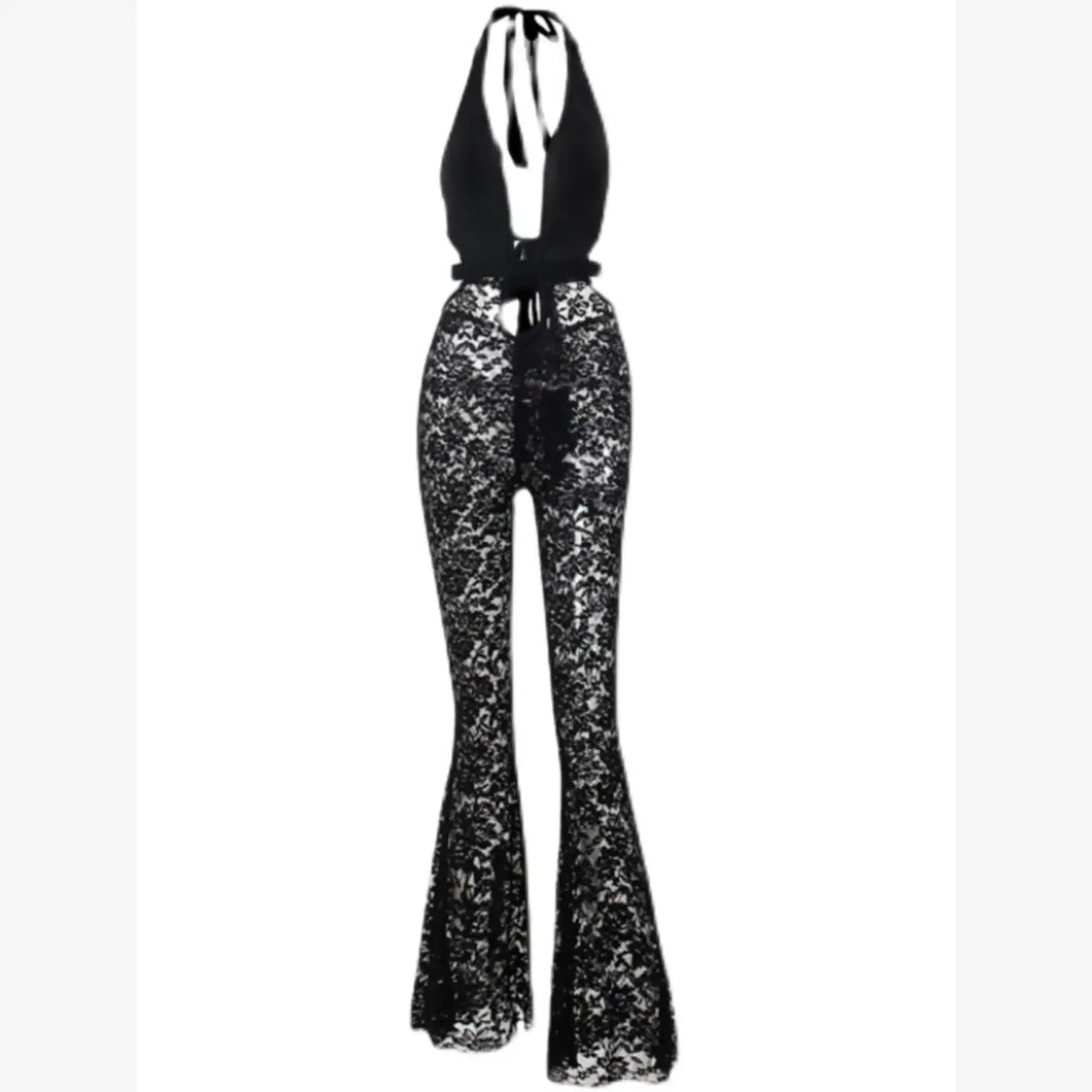Sexy Lace Trim Baring Ne Strap Club Pants High Waist Hollow out Long Leggings Street Sle Par Wear Bla Piece Suit