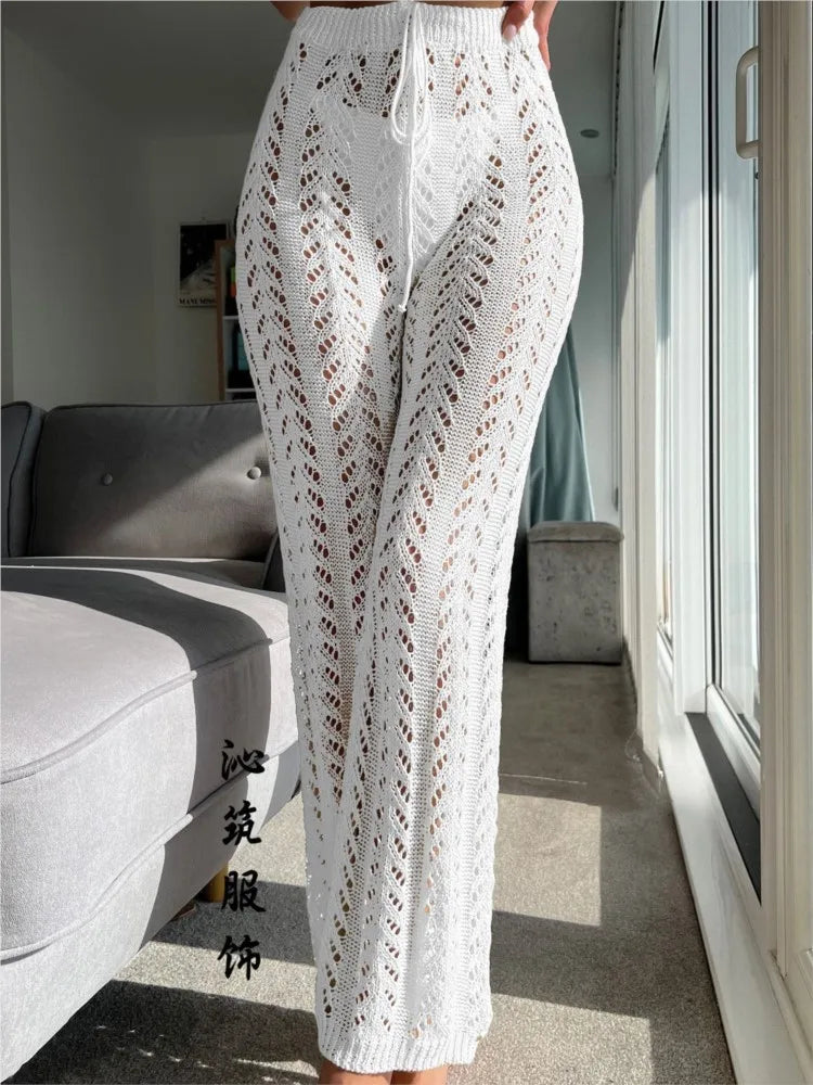 Women's Woven Hollow Lace-up Pants Crochet Net Hollow Out Beach Trousers Sexy Swimsuit Cover Up Beach Straight Leisure Trousers