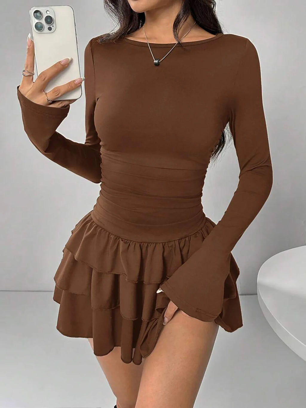 Solid Slim Fit Cascading Ruffles Mini Dress with Flare Sleeve High Waist and Bodyconture
