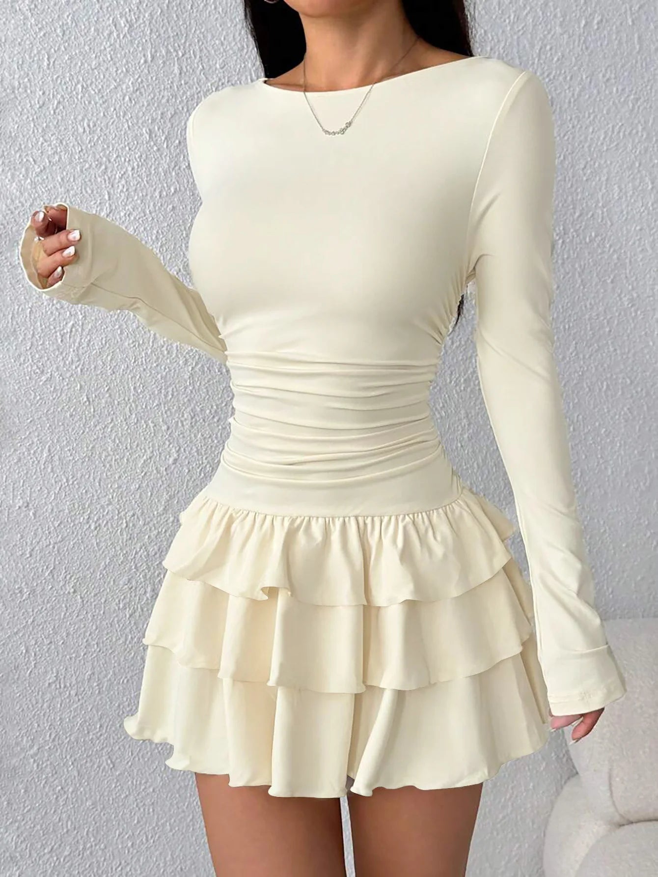 Solid Slim Fit Cascading Ruffles Mini Dress with Flare Sleeve High Waist and Bodyconture