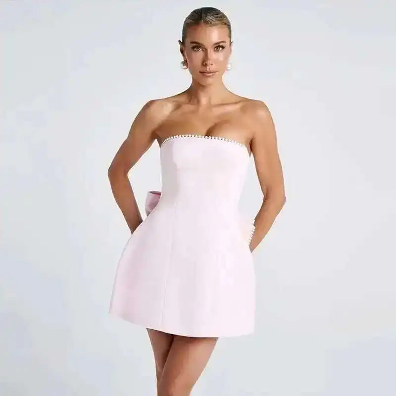 Townlike Bow Pearl Backless Women Mini  Dress Elegant
