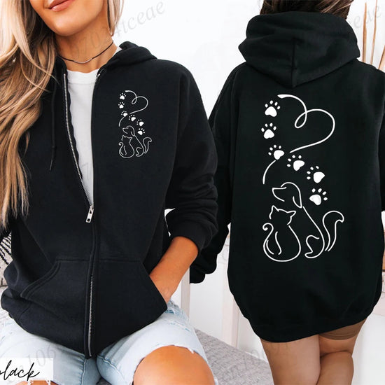 Dog and Cat Love Heart Graphic Zip Up Hoodie