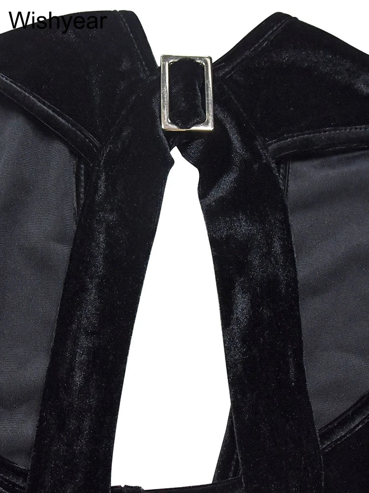 Wishyear Velvet Sexy Halter Deep V Backless Wide Legs Jumpsuit