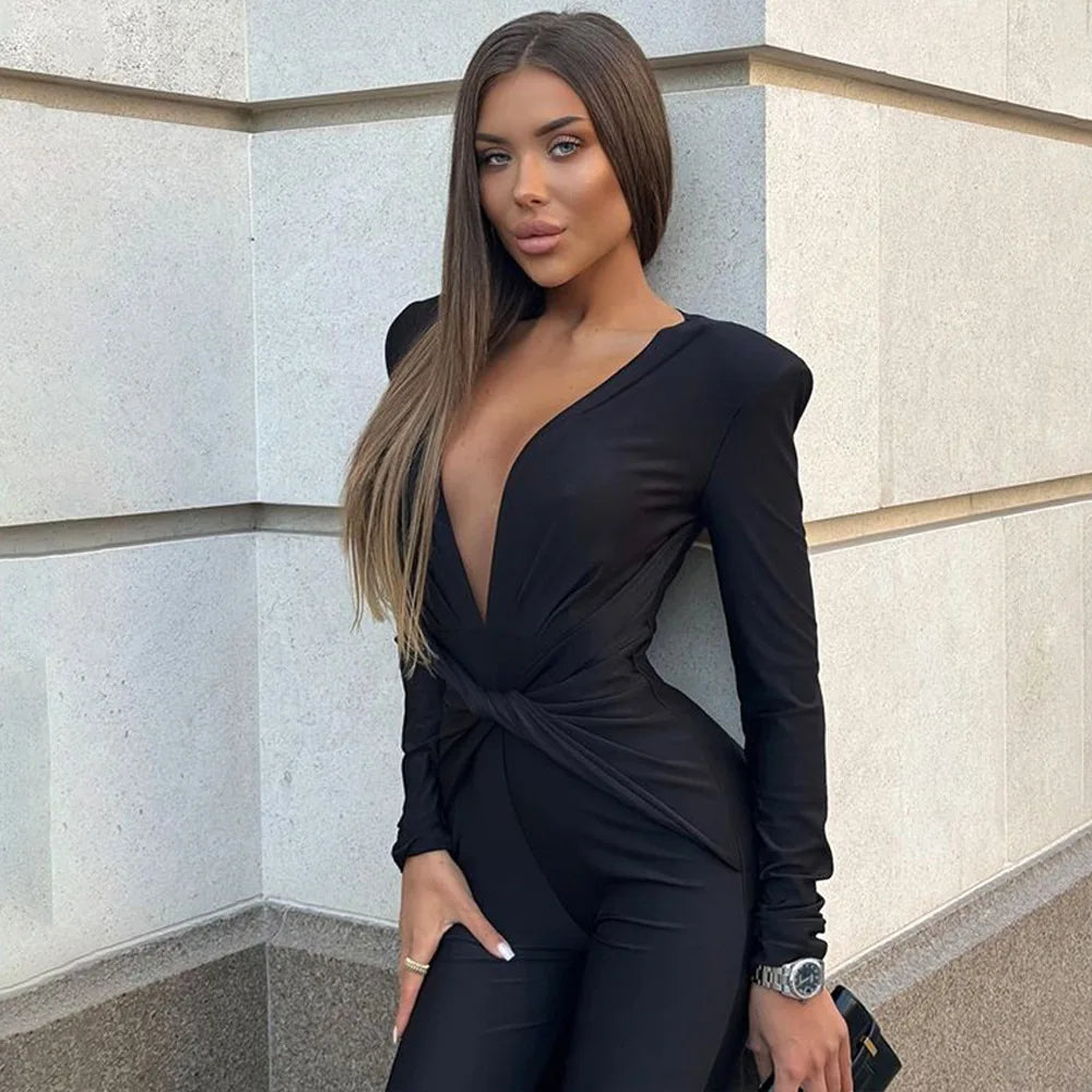 2025 Spring Deep V Neck Long Sleeve Skinny Jumpsuits Women Rompers Elegant Black High Waist Ruched Slim Sexy Jumpsuit Outfits