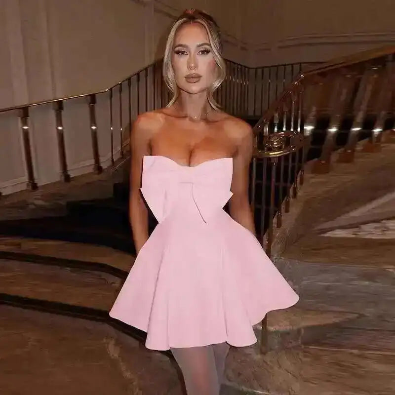 Townlike Bow Pearl Backless Women Mini  Dress Elegant