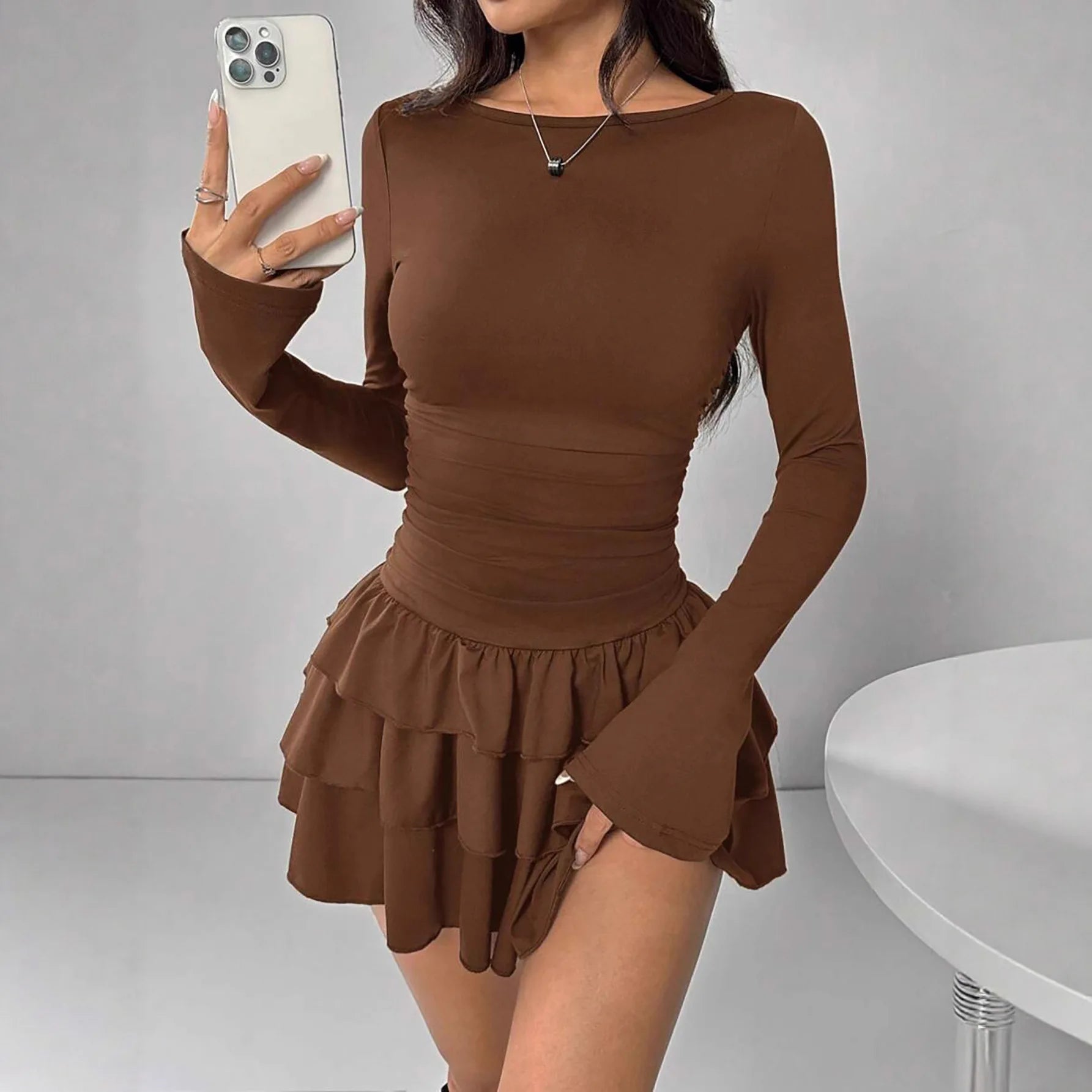 Solid Slim Fit Cascading Ruffles Mini Dress with Flare Sleeve High Waist and Bodyconture