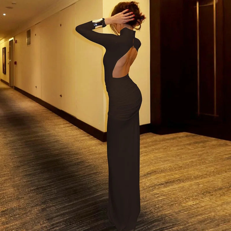 Cryptographic Elegant Sexy Backless Ruched Maxi Dress Party Club Outfits Fall Winter Solid Slinky Long Dresses Gown Clothes