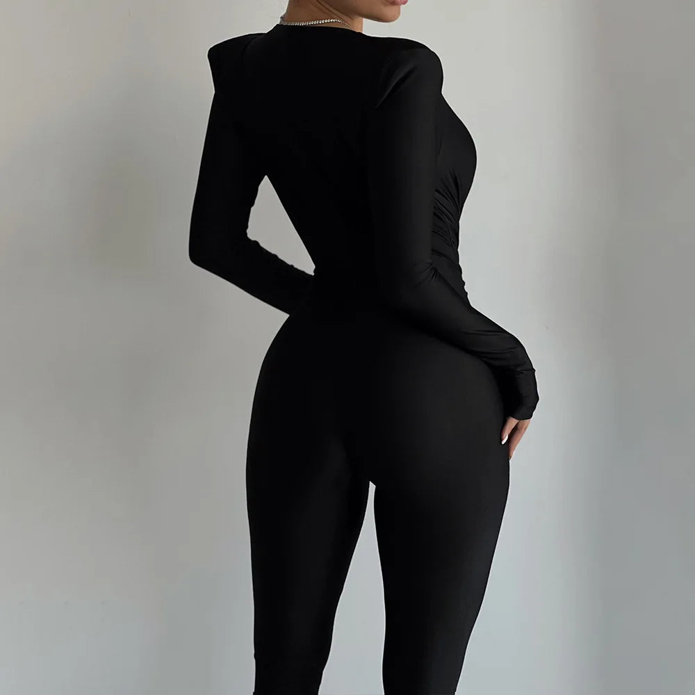 2025 Spring Deep V Neck Long Sleeve Skinny Jumpsuits Women Rompers Elegant Black High Waist Ruched Slim Sexy Jumpsuit Outfits