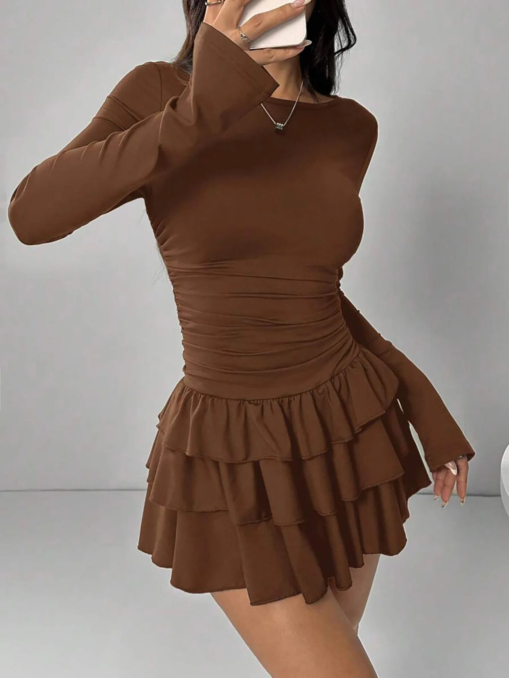 Solid Slim Fit Cascading Ruffles Mini Dress with Flare Sleeve High Waist and Bodyconture