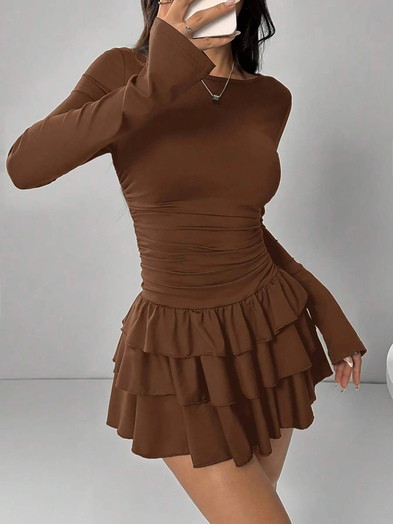Solid Slim Fit Cascading Ruffles Mini Dress with Flare Sleeve High Waist and Bodyconture