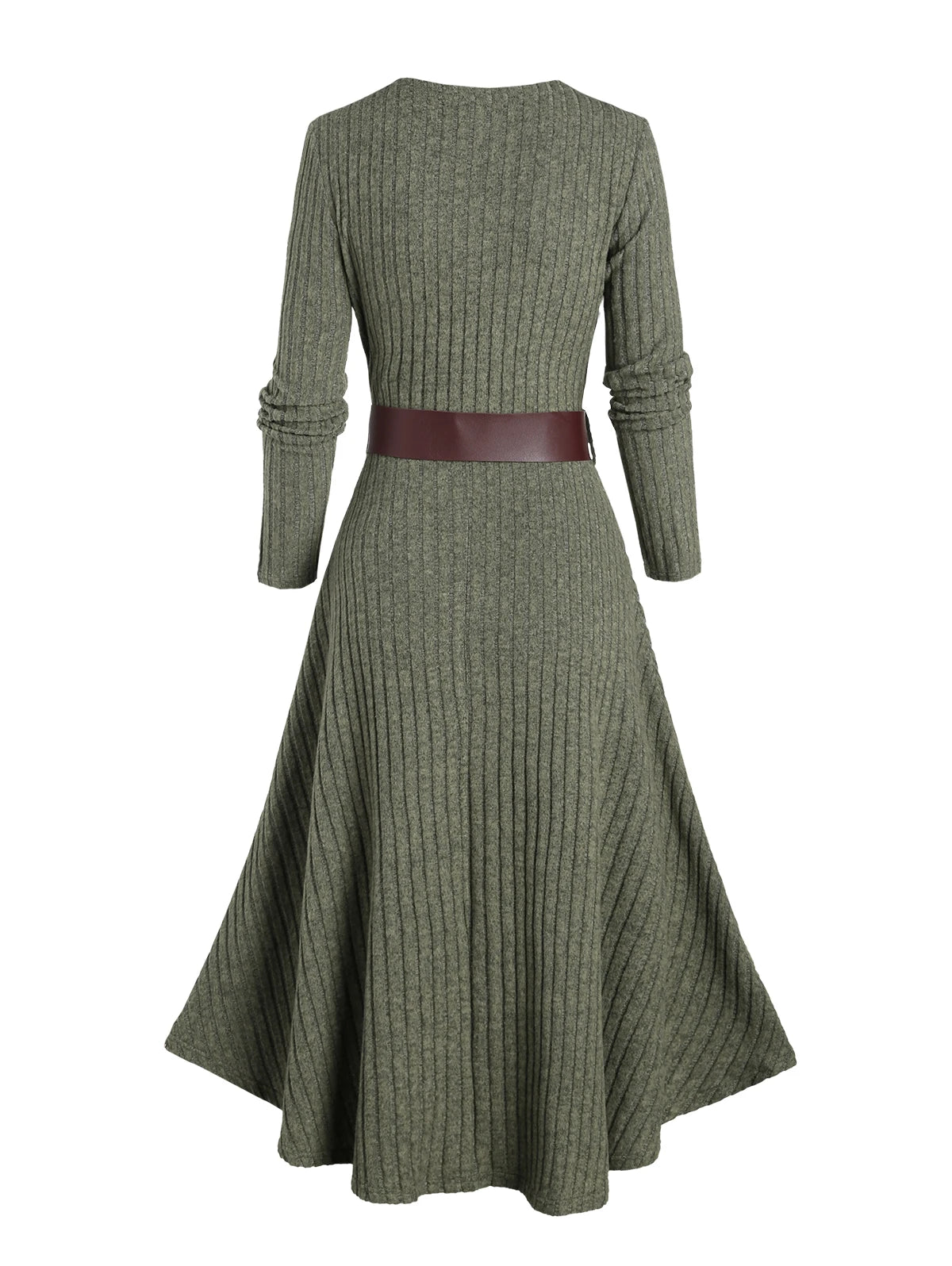 Rib Contrast Long Sleeve O Ring Belt Midi Dress