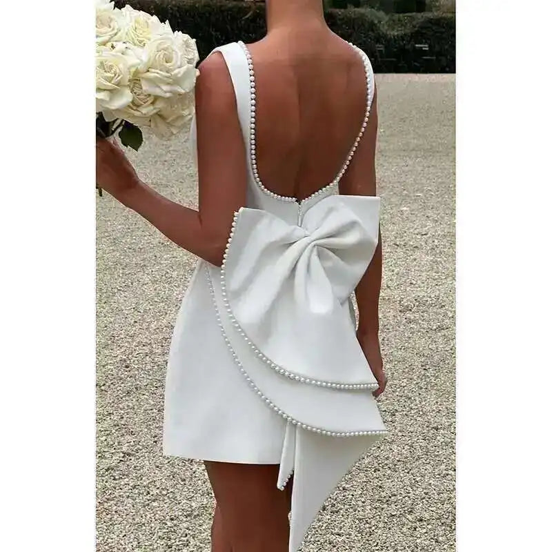 Townlike Bow Pearl Backless Women Mini  Dress Elegant