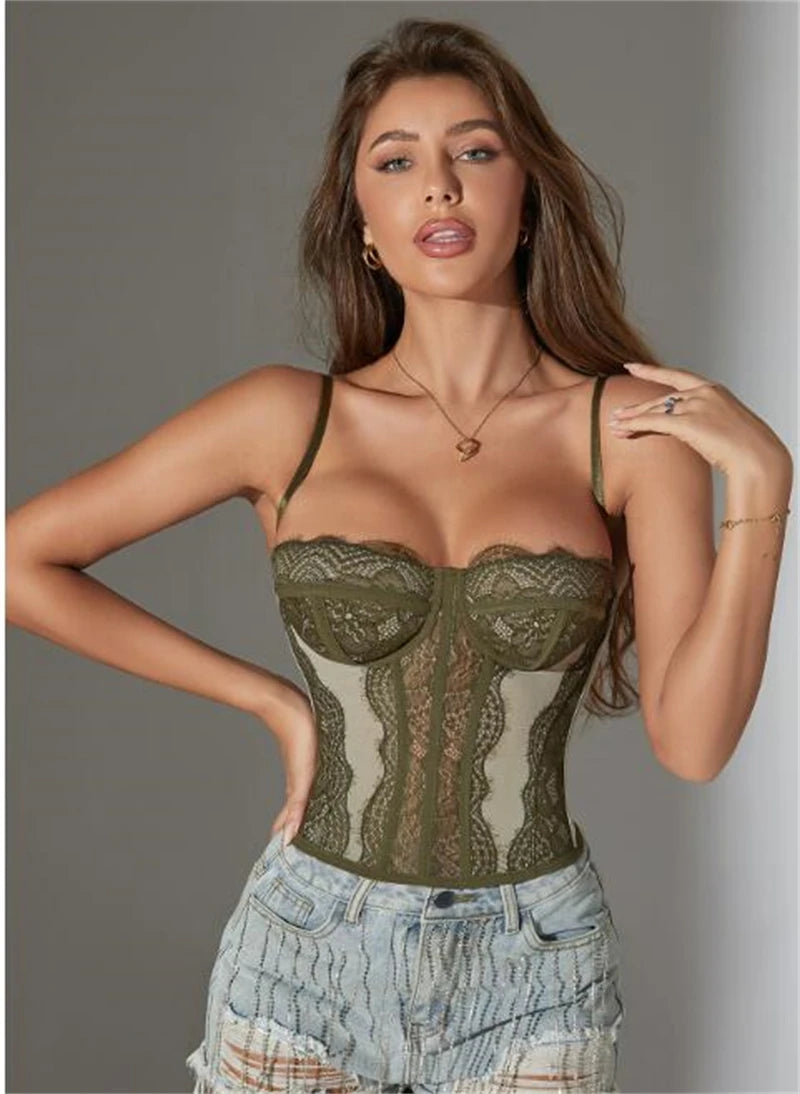 Sexy Lace Mesh Spaghetti Strap Corset