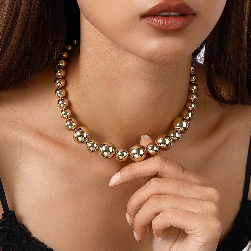 Aihua Exaggerated CCB Material Big Ball Necklace For Women Punk Gold Color Hip Hop Beaded Choker Necklace Party Jewelry Gifts