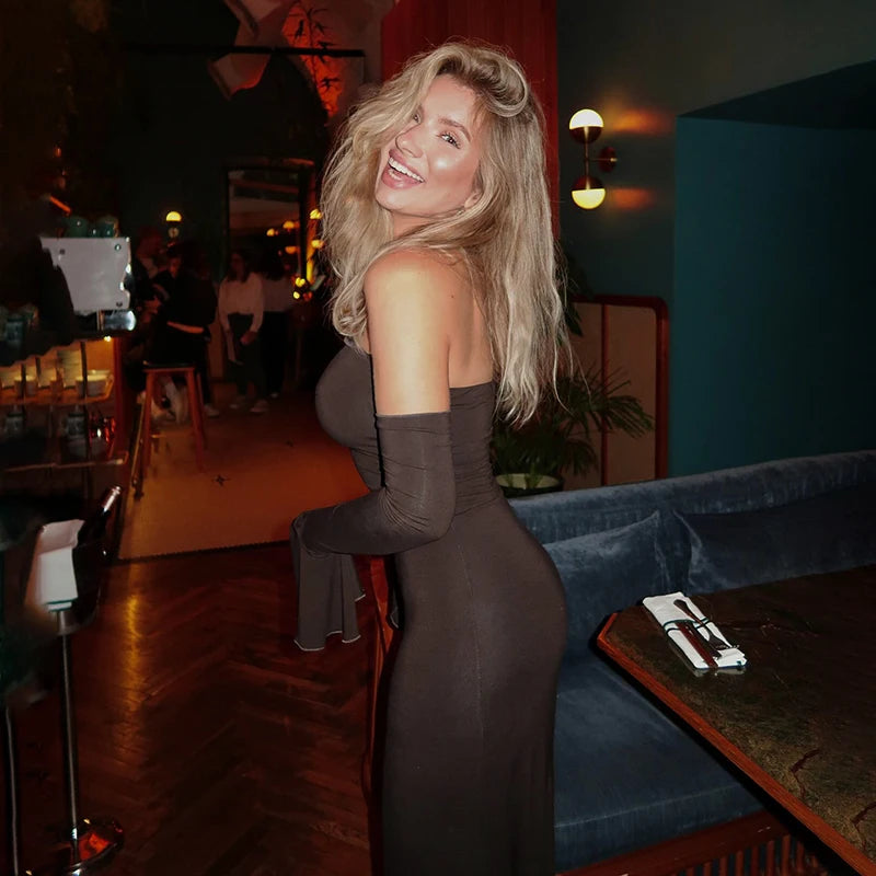 Combhasaki Women's Vintage Elegant Strapless Backless Solid Color Slim Fit Bodycon Mermaid Long Dress with Flare Arm Sleeves