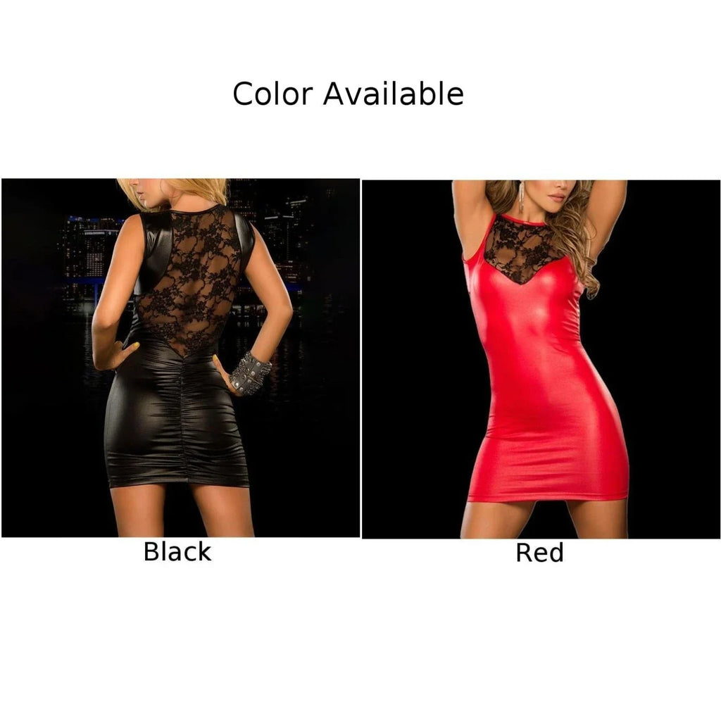 Sexy Womens Wet Look Short Dress Pu Leather Lace Mini