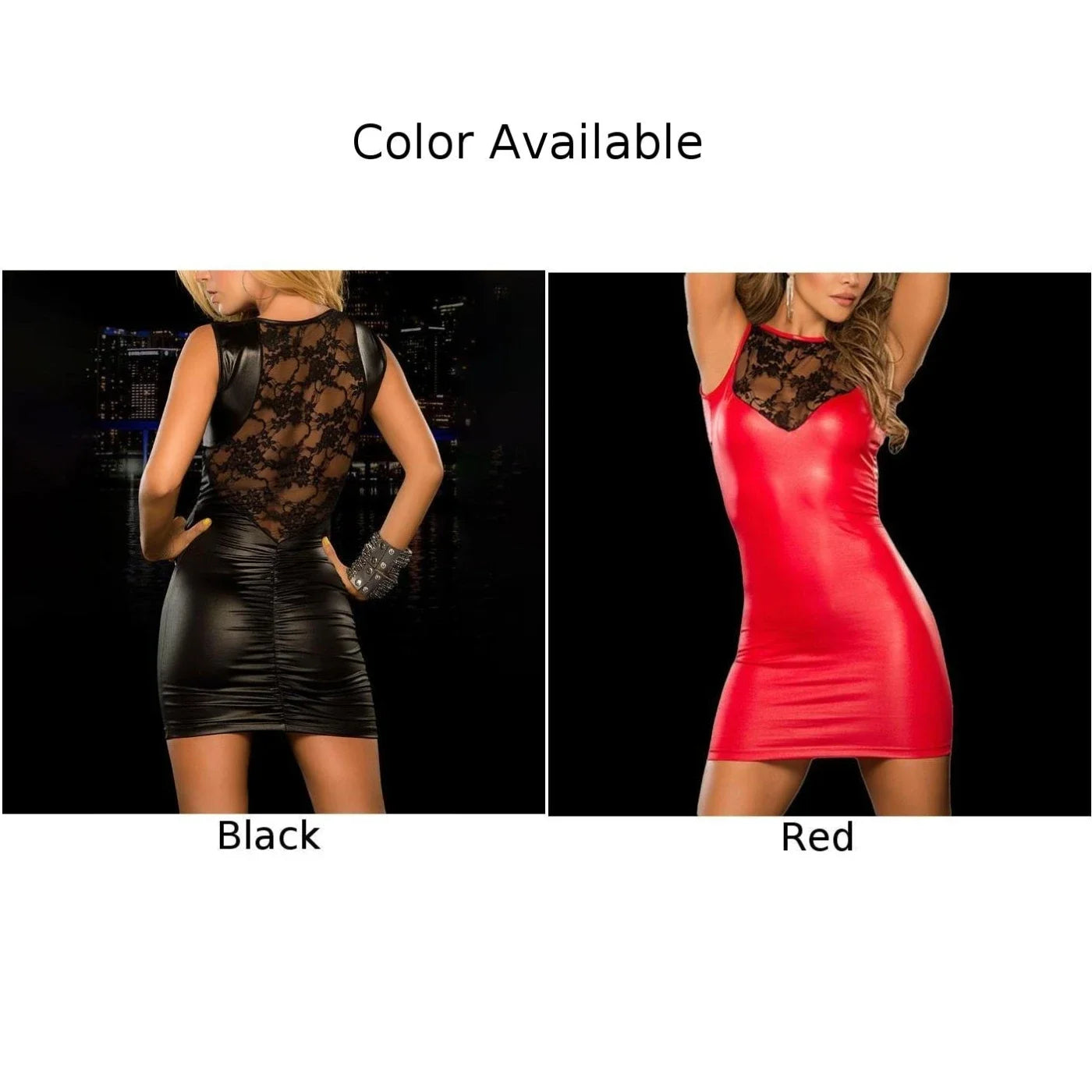 Sexy Womens Wet Look Short Dress Pu Leather Lace Mini