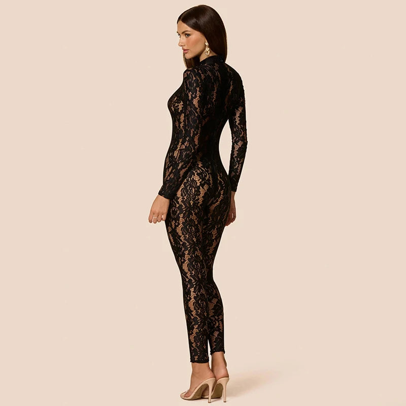 Woman clothes lace Long jumpsuit 2025 full length monkey fashion see through Tight elegant enteritos zipper long sleeve bodysuit