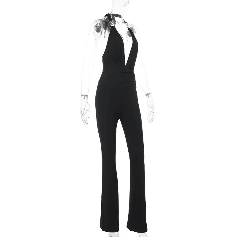 Solid color slim-fit women's deep V jumpsuit